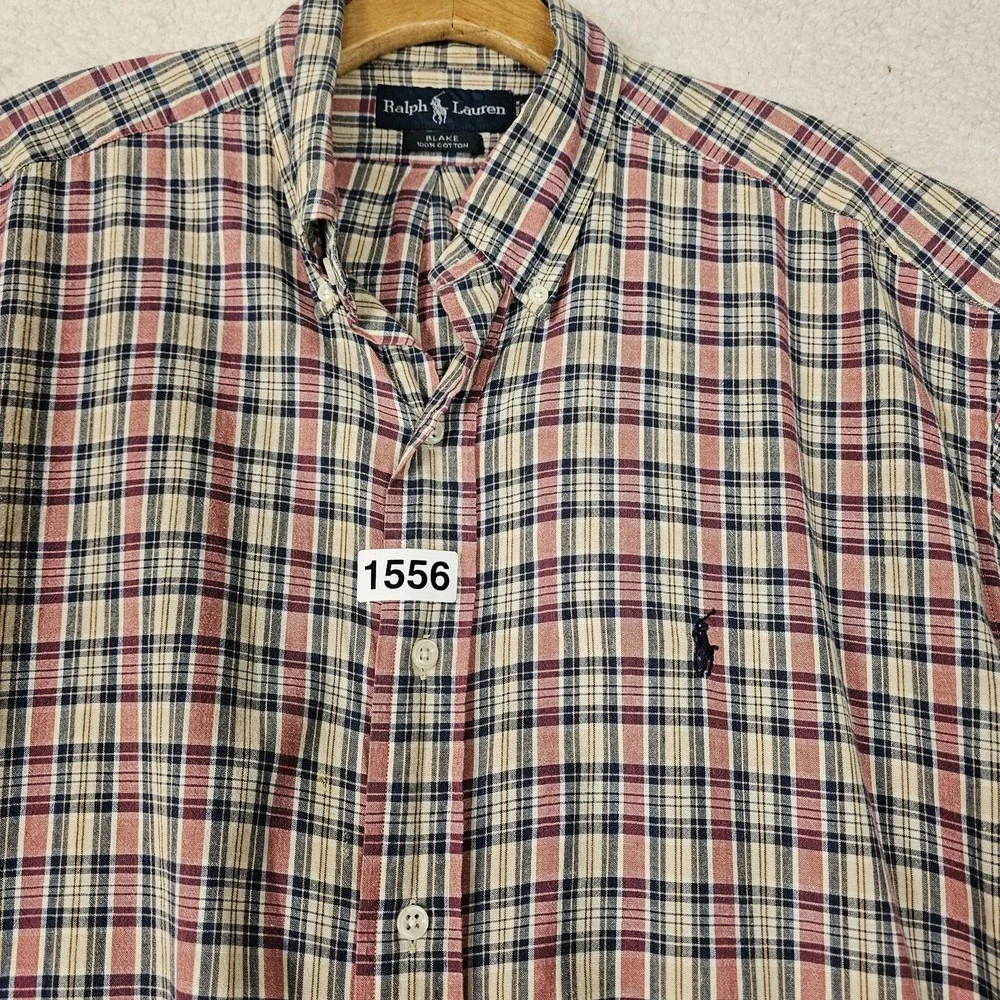 Ralph Lauren Shirt Mens Large Cream Red Black Plaid Blake Short Sleeve Work Wear